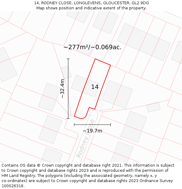 14, RODNEY CLOSE, LONGLEVENS, GLOUCESTER, GL2 9DG: Plot and title map