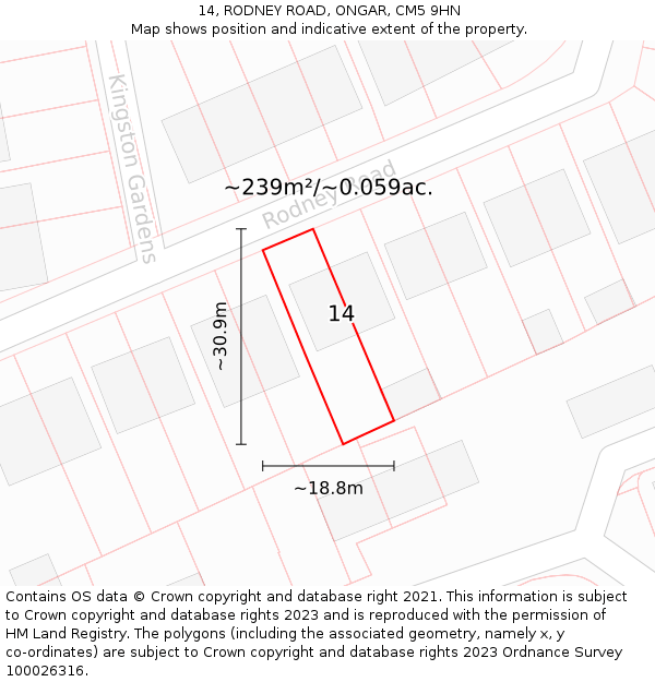 14, RODNEY ROAD, ONGAR, CM5 9HN: Plot and title map