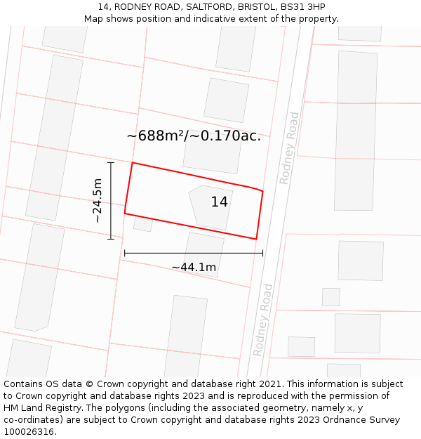 14, RODNEY ROAD, SALTFORD, BRISTOL, BS31 3HP: Plot and title map