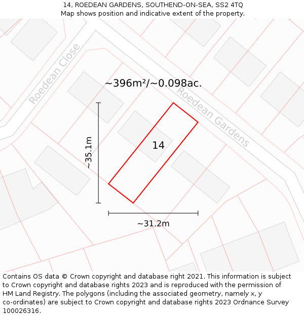 14, ROEDEAN GARDENS, SOUTHEND-ON-SEA, SS2 4TQ: Plot and title map