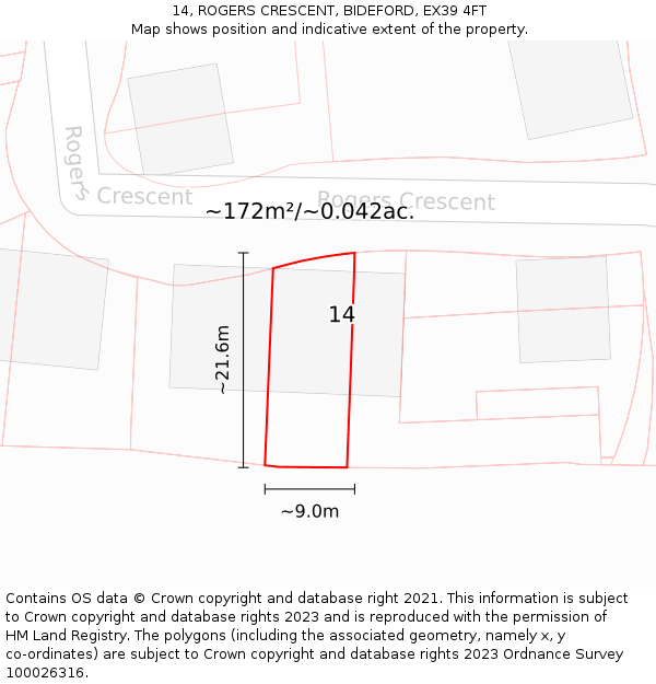 14, ROGERS CRESCENT, BIDEFORD, EX39 4FT: Plot and title map