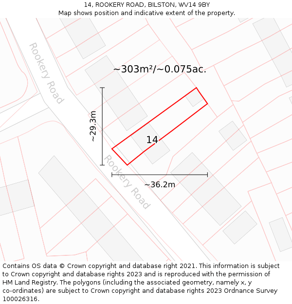 14, ROOKERY ROAD, BILSTON, WV14 9BY: Plot and title map