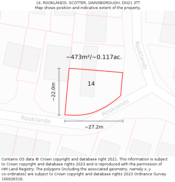 14, ROOKLANDS, SCOTTER, GAINSBOROUGH, DN21 3TT: Plot and title map