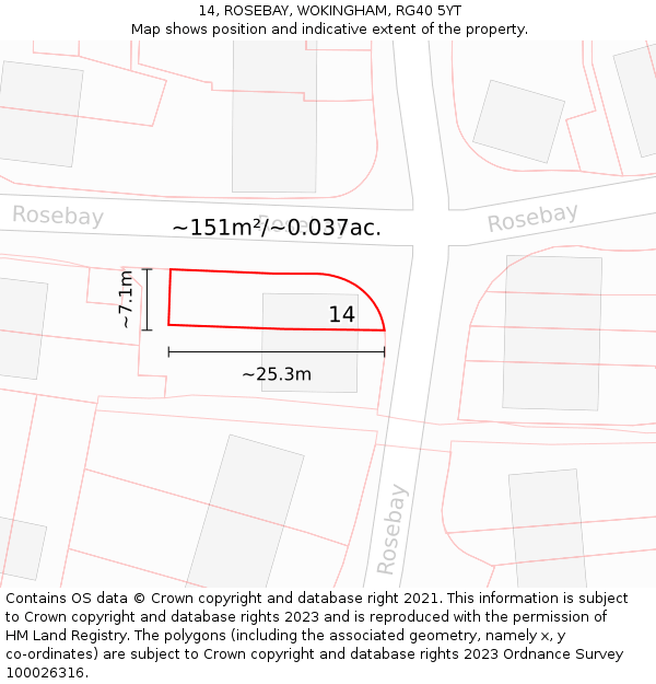 14, ROSEBAY, WOKINGHAM, RG40 5YT: Plot and title map