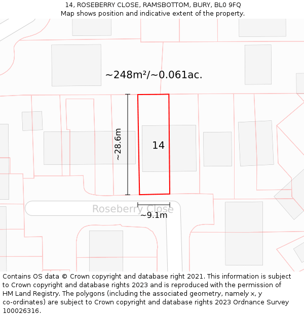 14, ROSEBERRY CLOSE, RAMSBOTTOM, BURY, BL0 9FQ: Plot and title map