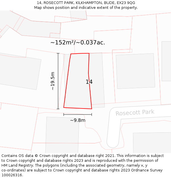 14, ROSECOTT PARK, KILKHAMPTON, BUDE, EX23 9QG: Plot and title map