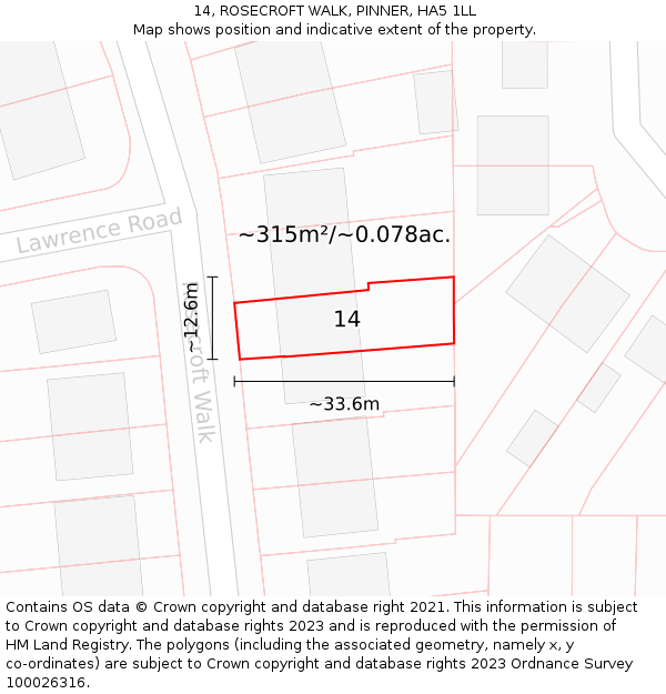 14, ROSECROFT WALK, PINNER, HA5 1LL: Plot and title map