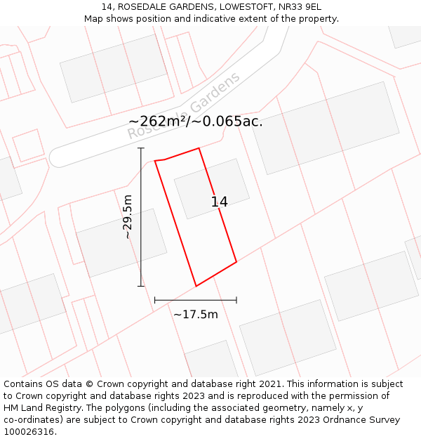 14, ROSEDALE GARDENS, LOWESTOFT, NR33 9EL: Plot and title map