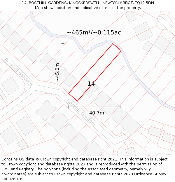 14, ROSEHILL GARDENS, KINGSKERSWELL, NEWTON ABBOT, TQ12 5DN: Plot and title map