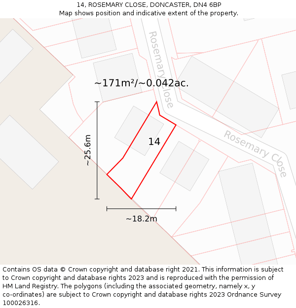 14, ROSEMARY CLOSE, DONCASTER, DN4 6BP: Plot and title map