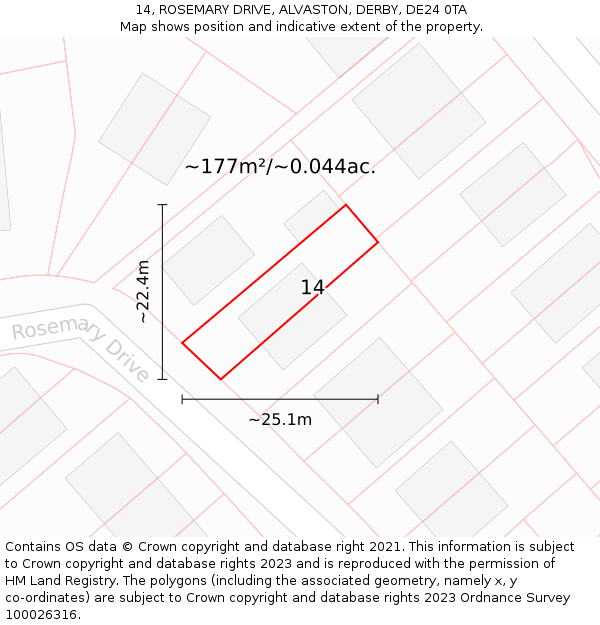 14, ROSEMARY DRIVE, ALVASTON, DERBY, DE24 0TA: Plot and title map
