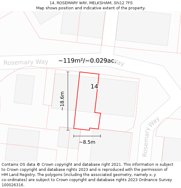 14, ROSEMARY WAY, MELKSHAM, SN12 7FS: Plot and title map