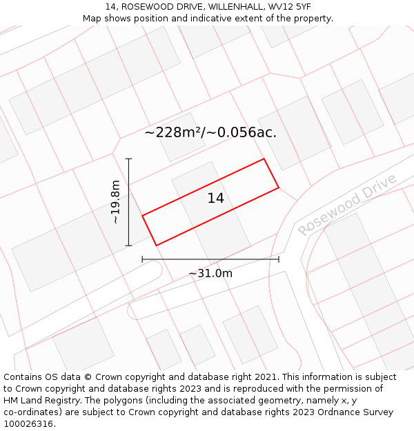 14, ROSEWOOD DRIVE, WILLENHALL, WV12 5YF: Plot and title map