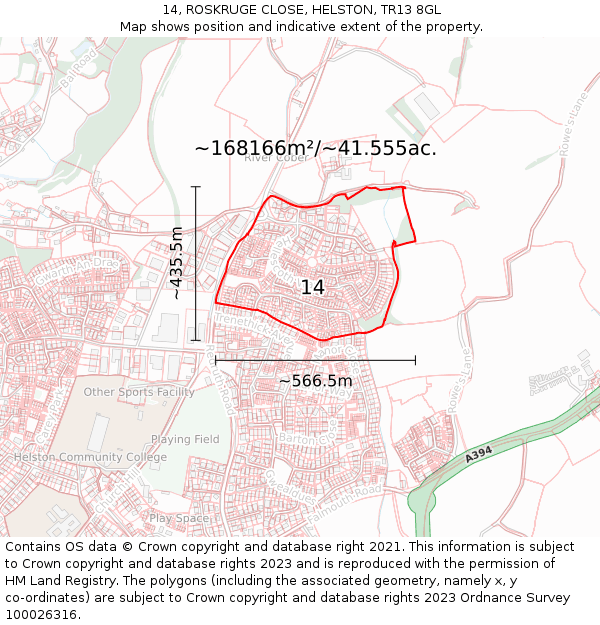 14, ROSKRUGE CLOSE, HELSTON, TR13 8GL: Plot and title map