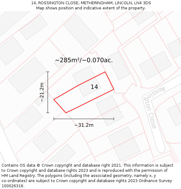 14, ROSSINGTON CLOSE, METHERINGHAM, LINCOLN, LN4 3DS: Plot and title map