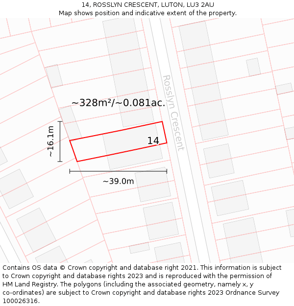 14, ROSSLYN CRESCENT, LUTON, LU3 2AU: Plot and title map