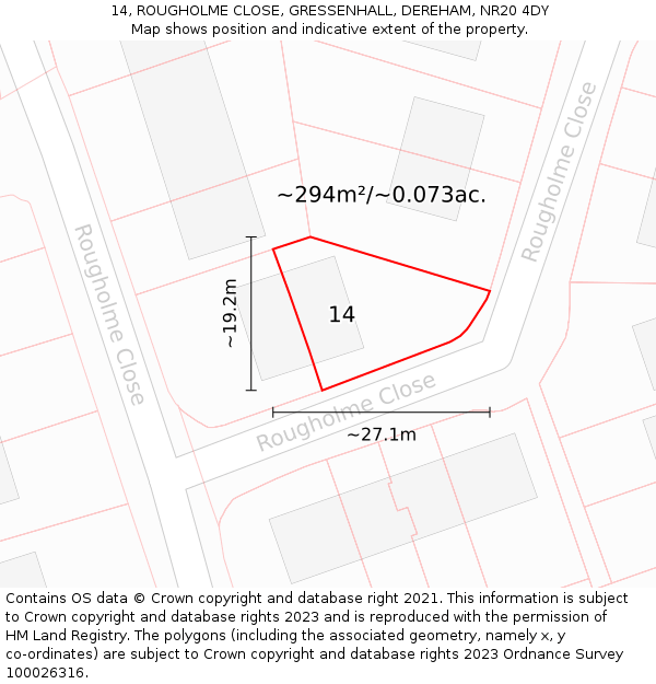 14, ROUGHOLME CLOSE, GRESSENHALL, DEREHAM, NR20 4DY: Plot and title map