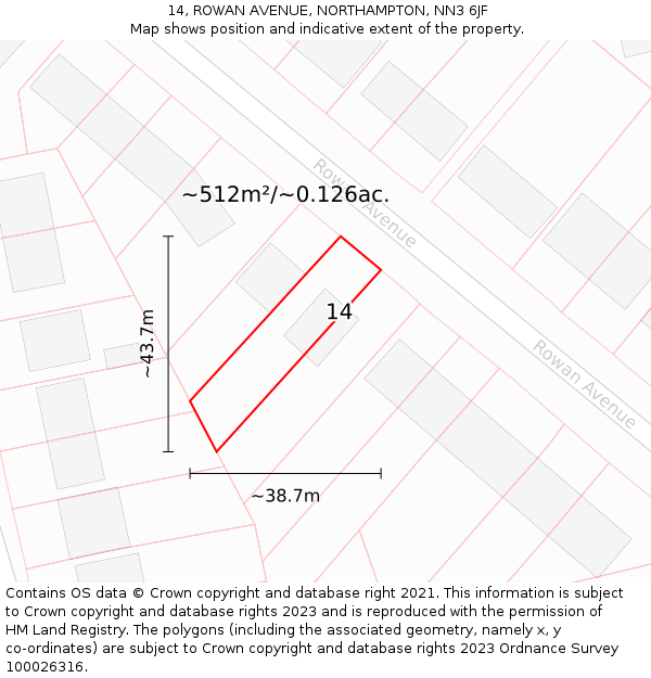 14, ROWAN AVENUE, NORTHAMPTON, NN3 6JF: Plot and title map