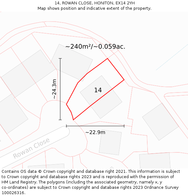 14, ROWAN CLOSE, HONITON, EX14 2YH: Plot and title map