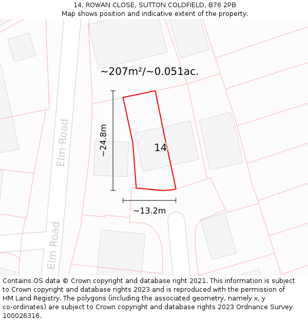 14, ROWAN CLOSE, SUTTON COLDFIELD, B76 2PB: Plot and title map