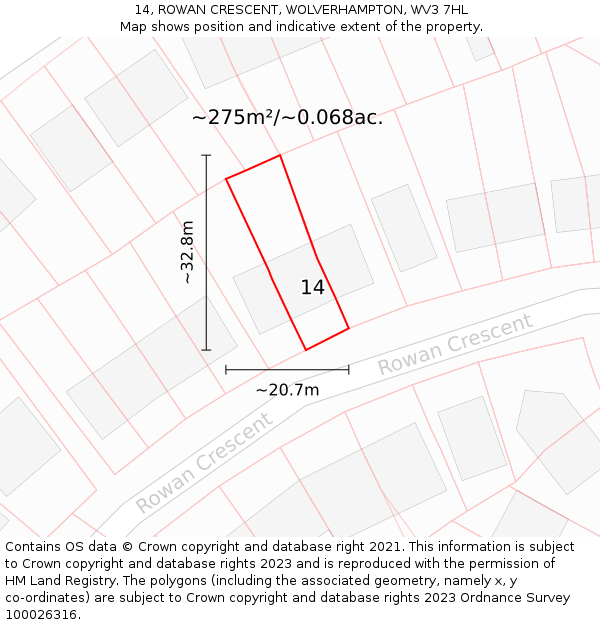 14, ROWAN CRESCENT, WOLVERHAMPTON, WV3 7HL: Plot and title map