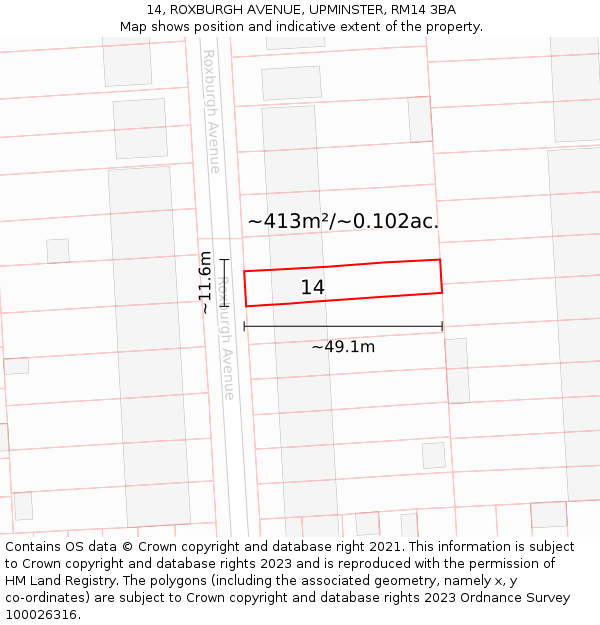 14, ROXBURGH AVENUE, UPMINSTER, RM14 3BA: Plot and title map