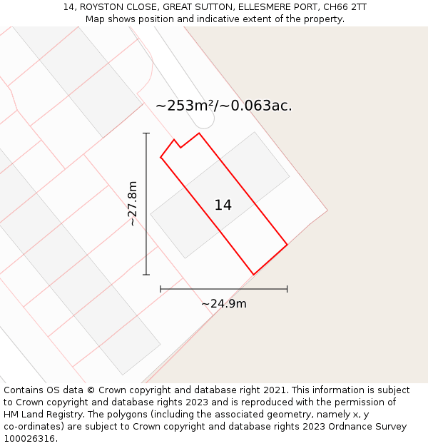 14, ROYSTON CLOSE, GREAT SUTTON, ELLESMERE PORT, CH66 2TT: Plot and title map