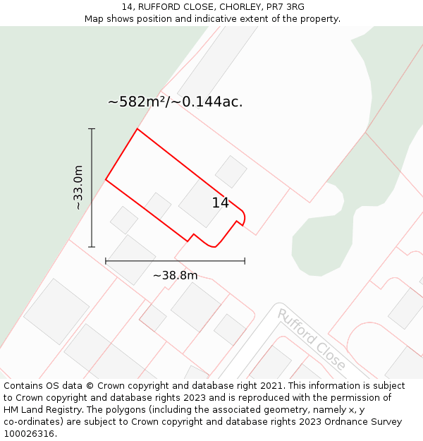 14, RUFFORD CLOSE, CHORLEY, PR7 3RG: Plot and title map