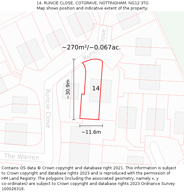 14, RUNCIE CLOSE, COTGRAVE, NOTTINGHAM, NG12 3TG: Plot and title map