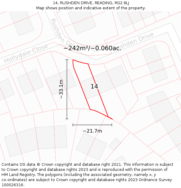 14, RUSHDEN DRIVE, READING, RG2 8LJ: Plot and title map