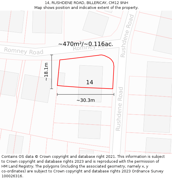 14, RUSHDENE ROAD, BILLERICAY, CM12 9NH: Plot and title map