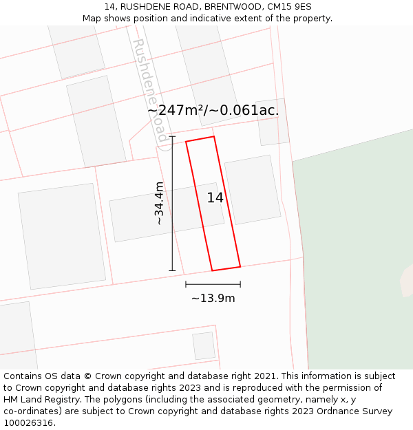 14, RUSHDENE ROAD, BRENTWOOD, CM15 9ES: Plot and title map