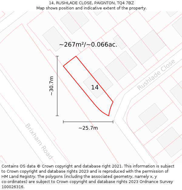 14, RUSHLADE CLOSE, PAIGNTON, TQ4 7BZ: Plot and title map
