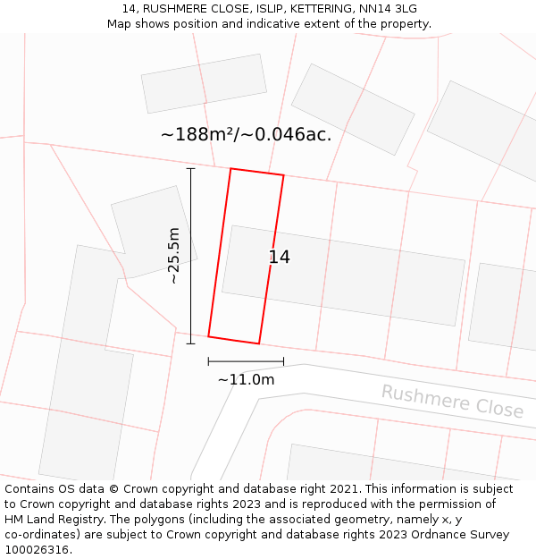 14, RUSHMERE CLOSE, ISLIP, KETTERING, NN14 3LG: Plot and title map