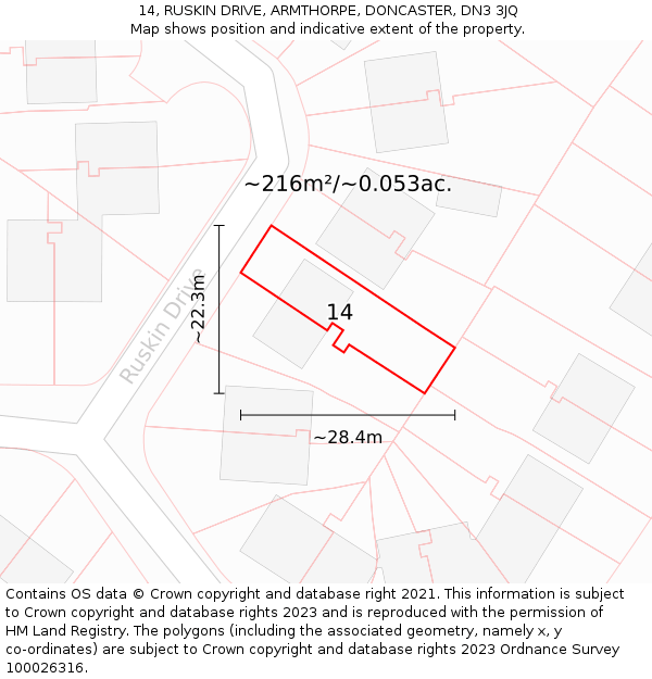 14, RUSKIN DRIVE, ARMTHORPE, DONCASTER, DN3 3JQ: Plot and title map