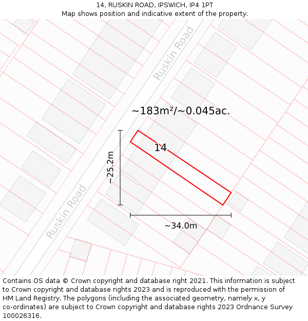 14, RUSKIN ROAD, IPSWICH, IP4 1PT: Plot and title map