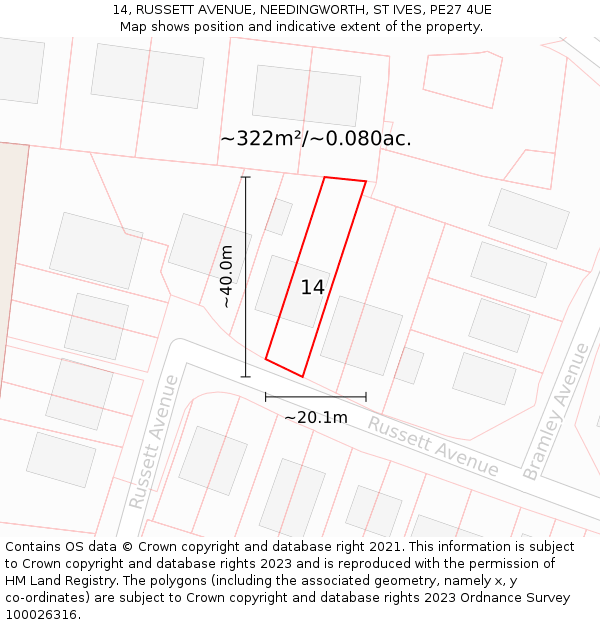 14, RUSSETT AVENUE, NEEDINGWORTH, ST IVES, PE27 4UE: Plot and title map