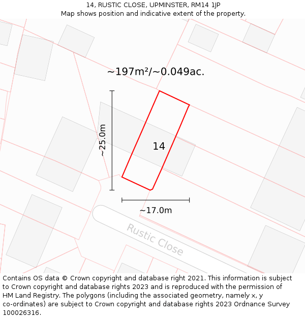 14, RUSTIC CLOSE, UPMINSTER, RM14 1JP: Plot and title map