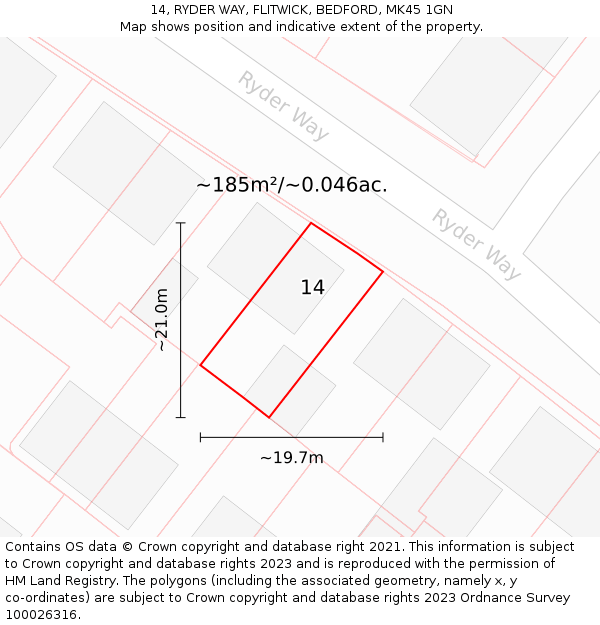 14, RYDER WAY, FLITWICK, BEDFORD, MK45 1GN: Plot and title map