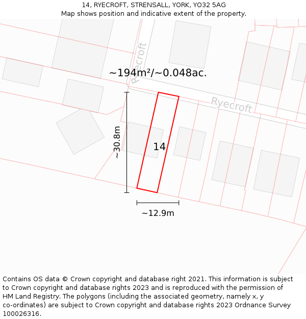 14, RYECROFT, STRENSALL, YORK, YO32 5AG: Plot and title map