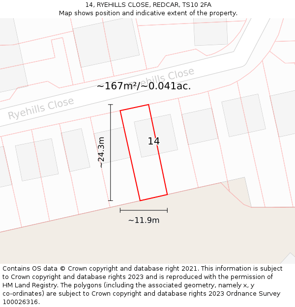 14, RYEHILLS CLOSE, REDCAR, TS10 2FA: Plot and title map