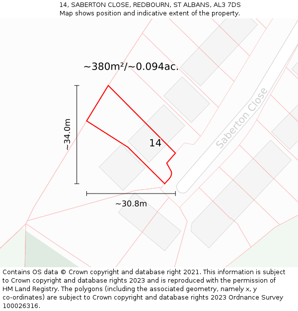 14, SABERTON CLOSE, REDBOURN, ST ALBANS, AL3 7DS: Plot and title map