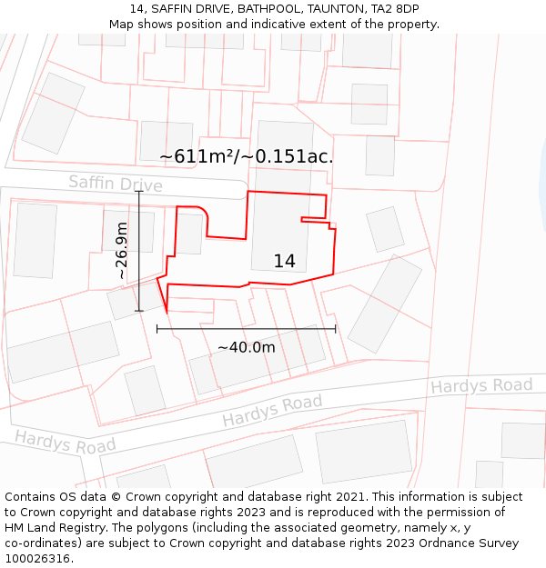 14, SAFFIN DRIVE, BATHPOOL, TAUNTON, TA2 8DP: Plot and title map