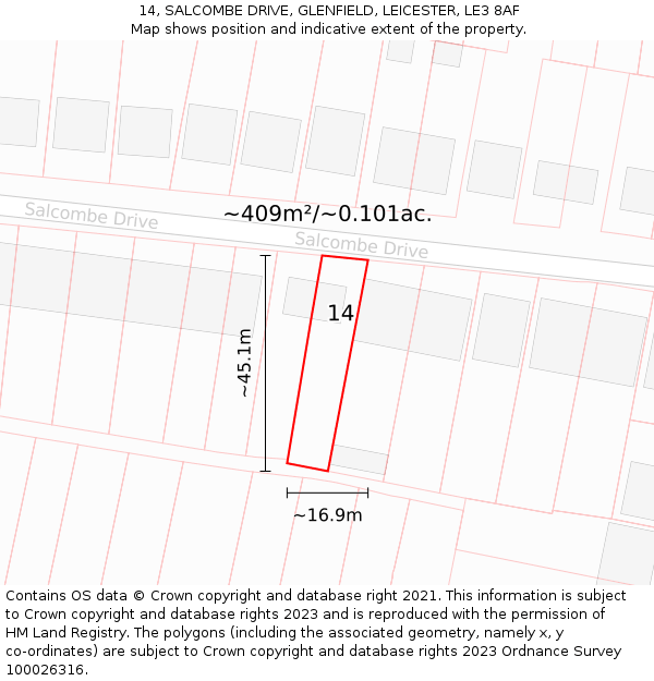 14, SALCOMBE DRIVE, GLENFIELD, LEICESTER, LE3 8AF: Plot and title map
