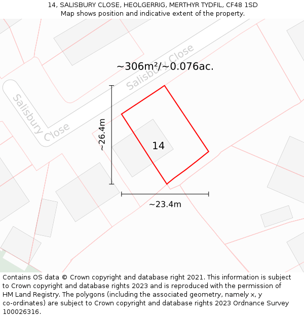 14, SALISBURY CLOSE, HEOLGERRIG, MERTHYR TYDFIL, CF48 1SD: Plot and title map