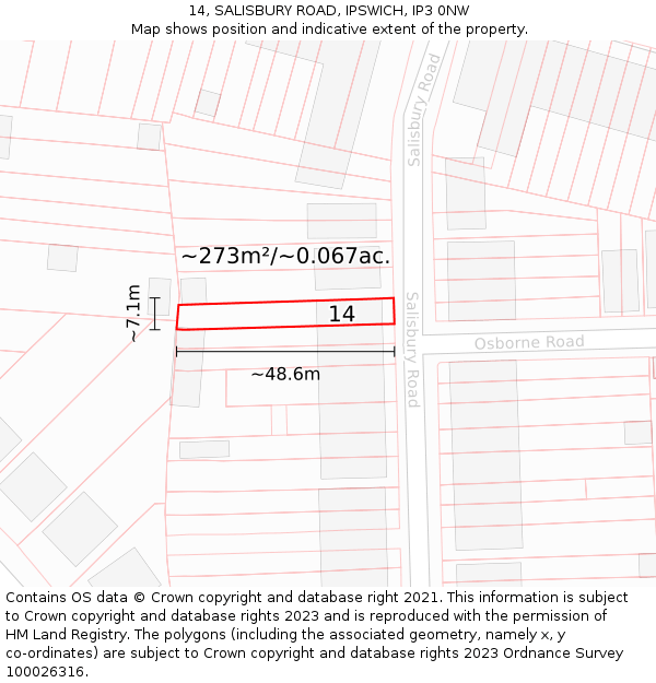 14, SALISBURY ROAD, IPSWICH, IP3 0NW: Plot and title map