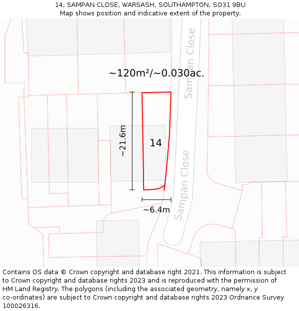 14, SAMPAN CLOSE, WARSASH, SOUTHAMPTON, SO31 9BU: Plot and title map