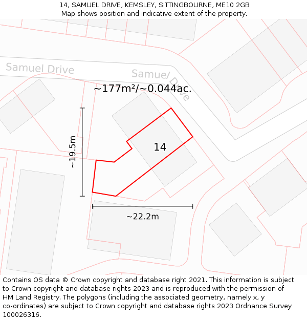 14, SAMUEL DRIVE, KEMSLEY, SITTINGBOURNE, ME10 2GB: Plot and title map