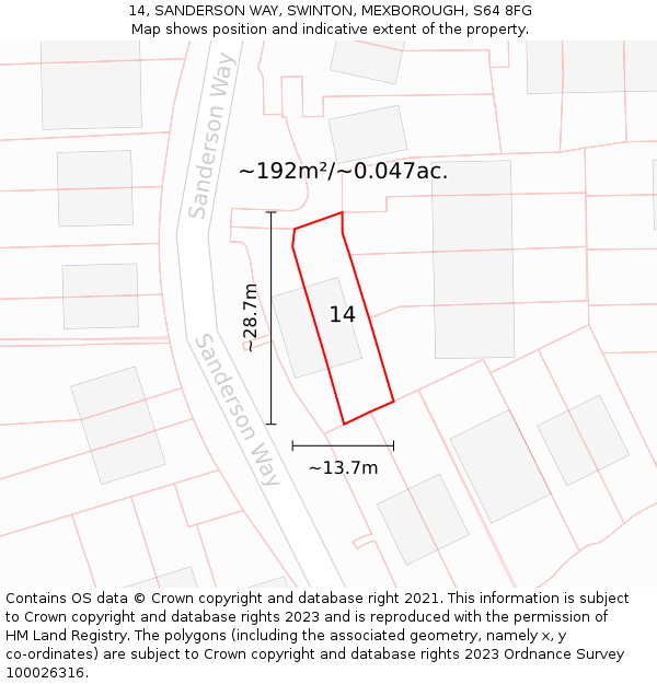 14, SANDERSON WAY, SWINTON, MEXBOROUGH, S64 8FG: Plot and title map