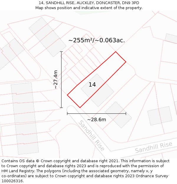 14, SANDHILL RISE, AUCKLEY, DONCASTER, DN9 3PD: Plot and title map